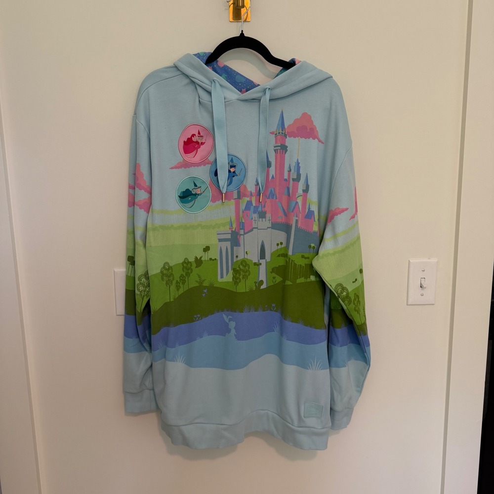 Disney Loungefly Sleeping Beauty Castle Good Fairies Hoodie Blue‎ XL